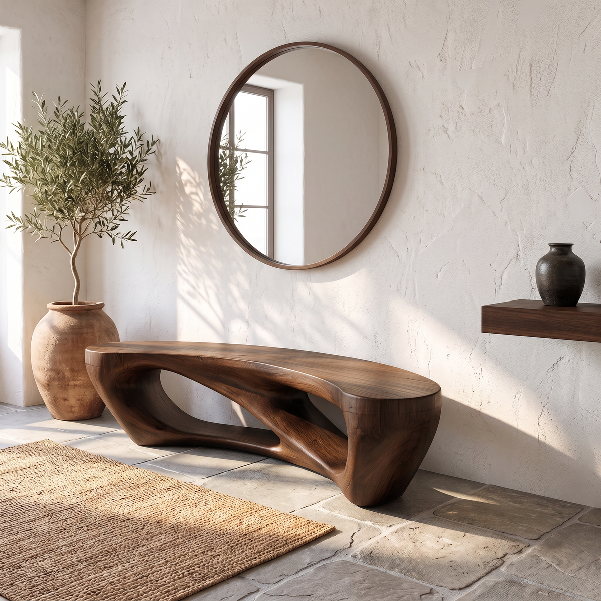 Mid Century Accent Bench With Rounded Arch Base For Bathroom