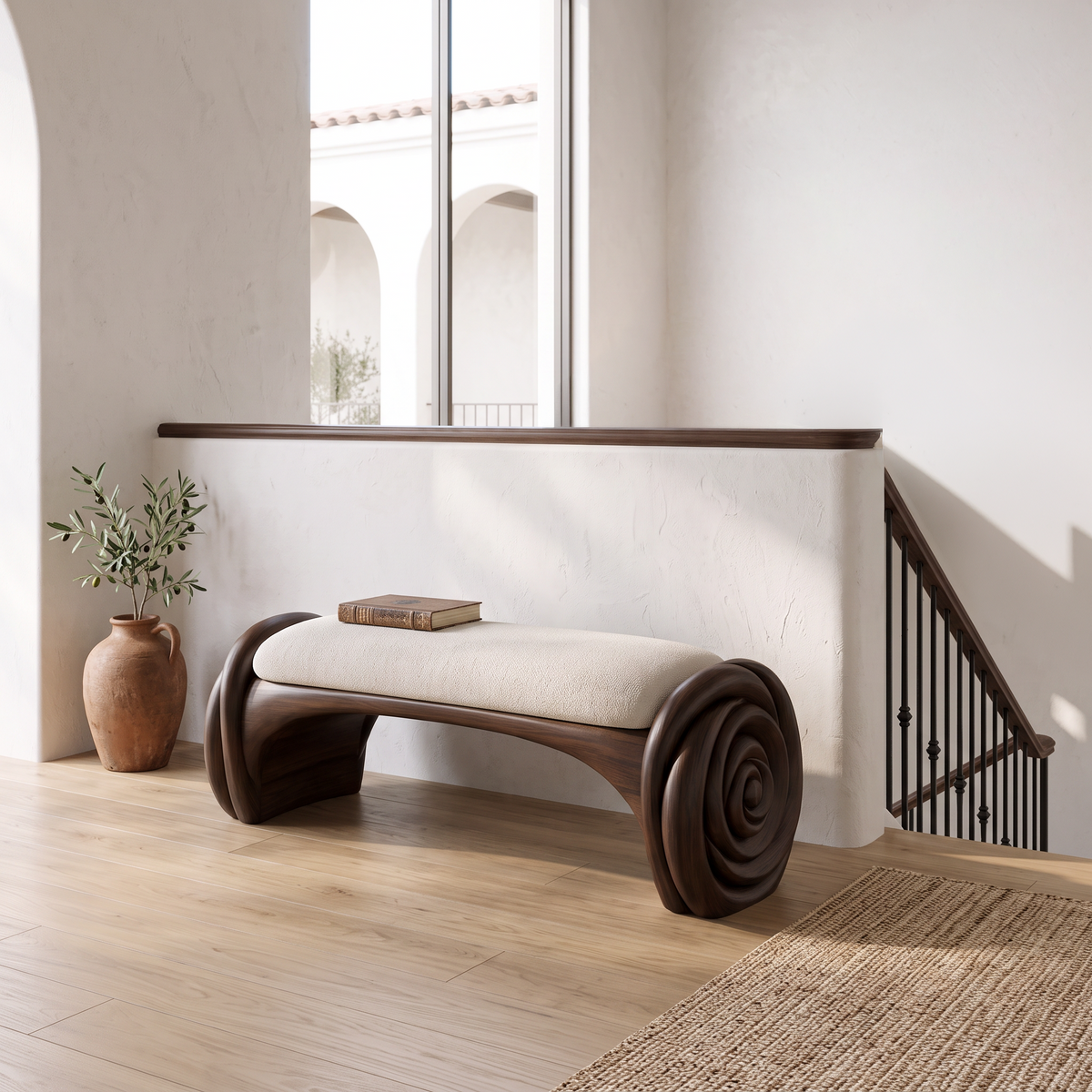 Natural Halloween Accent Bench With Carved Petal Form Legs For Dressing Room