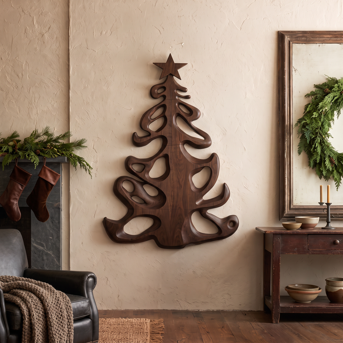 Organic Xmas Wooden Holiday Decor With Fluid Tree Silhouette For Entryway