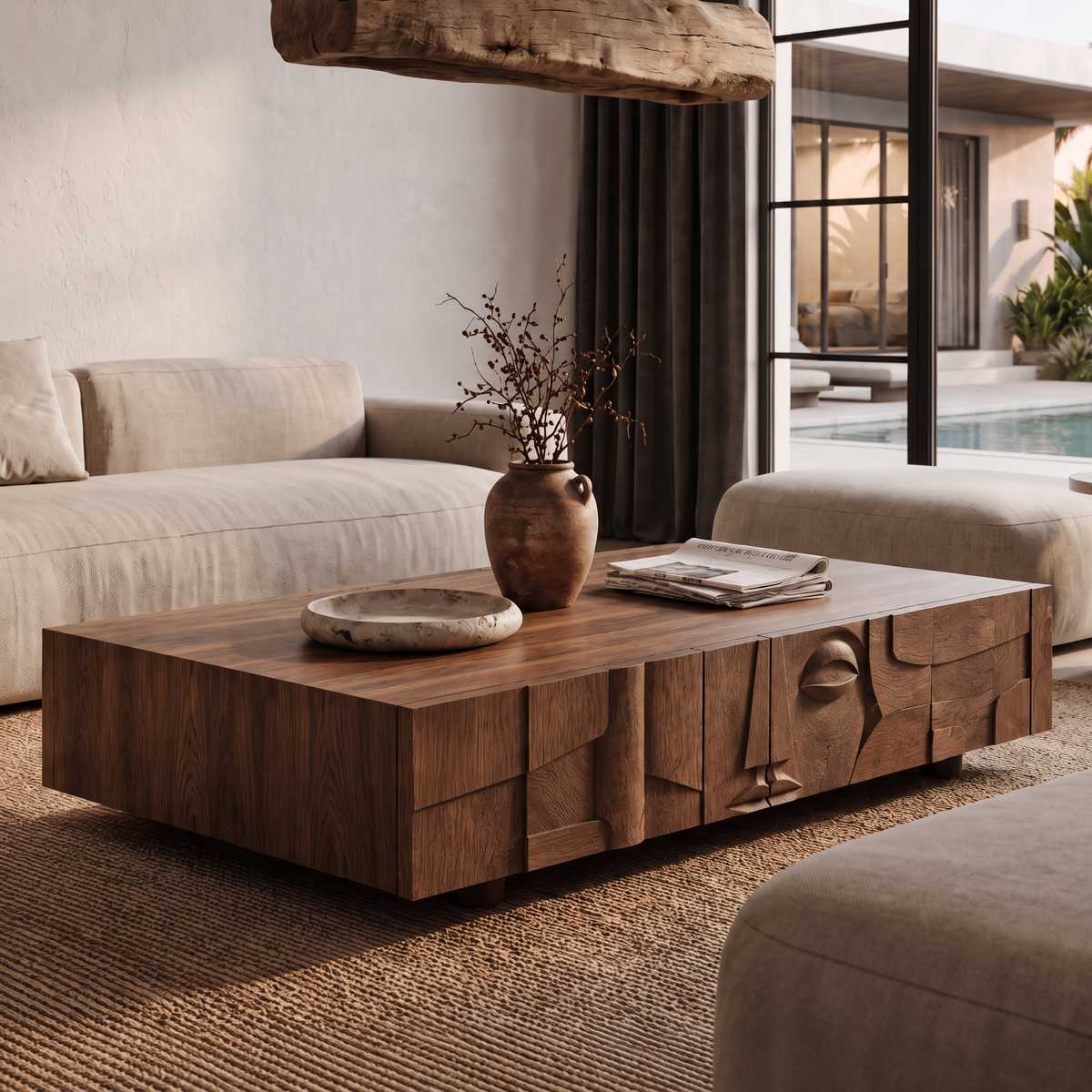 Modern Statement Coffee Table With Textured Relief Drawers For Living Room