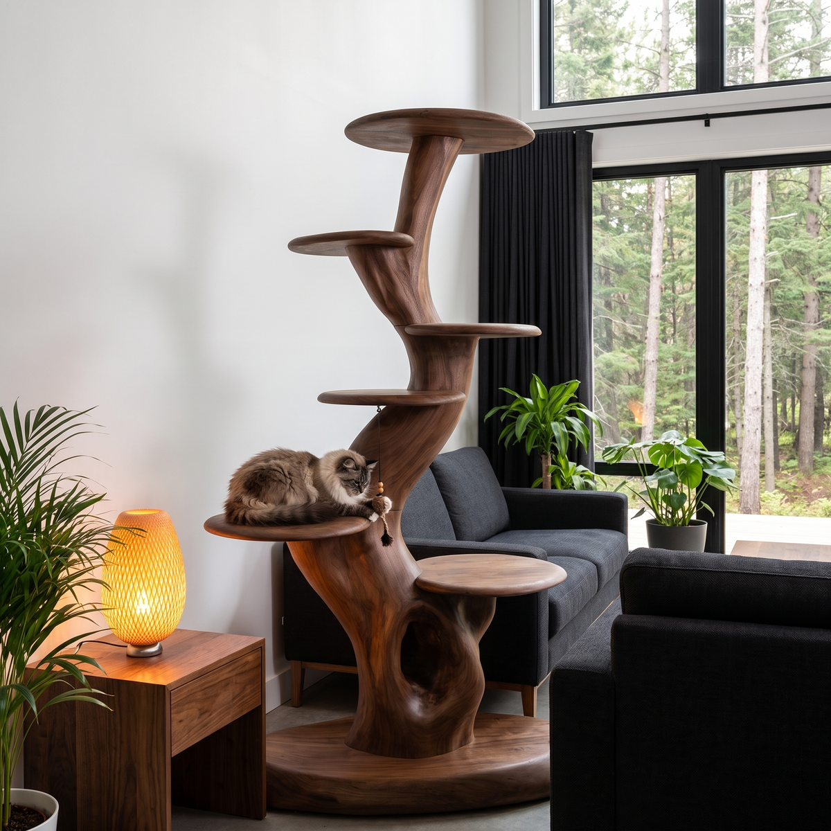 Rustic Sculptural Cat Tree With Multi Level Platforms For Living Room