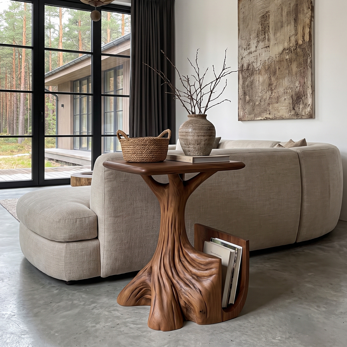 Contemporary Sculptural Side Table With Tree Inspired Base For Living Room