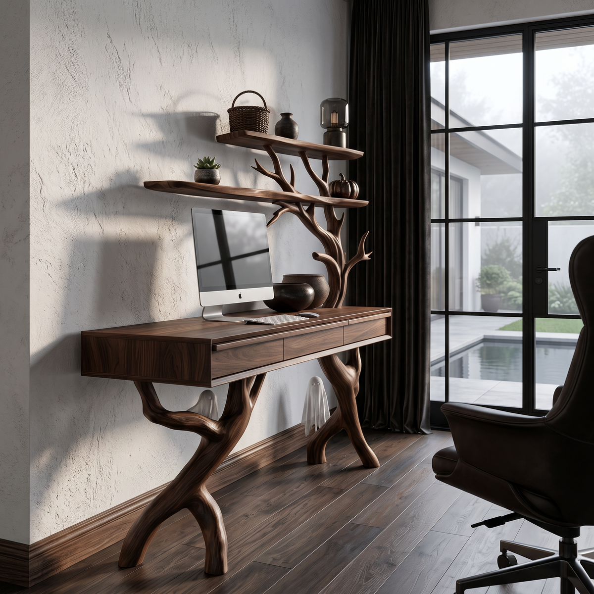 Rustic Tree Branch Desk With Halloween Spider Web Shelves For Home Office