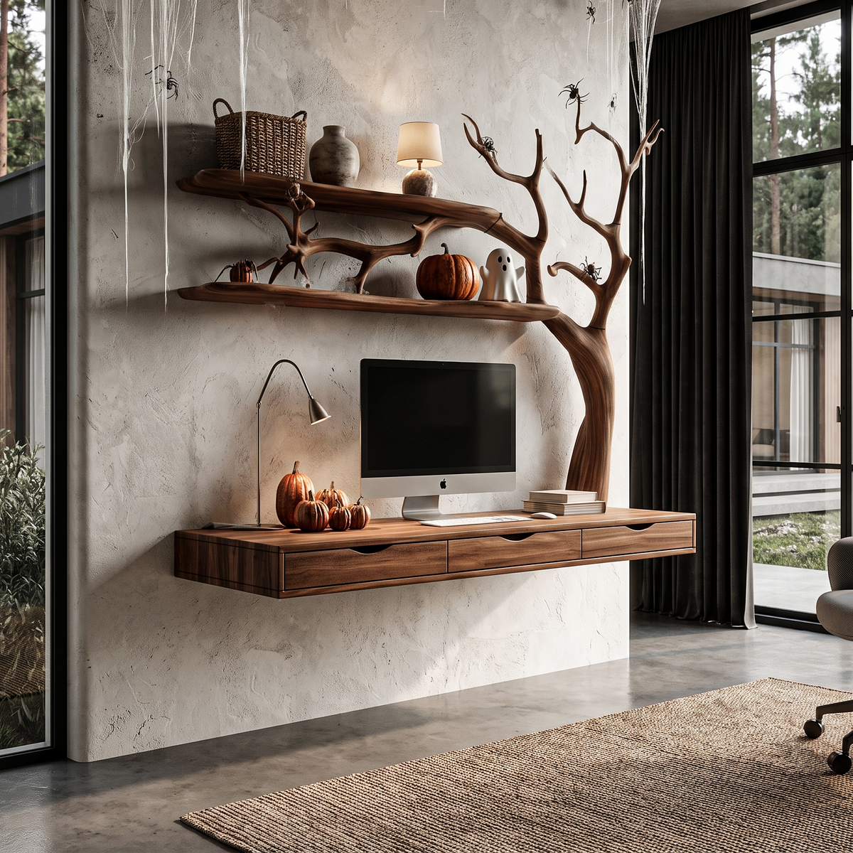 Natural Halloween Desk With Drawers And Spooky Branch Design For Home Office