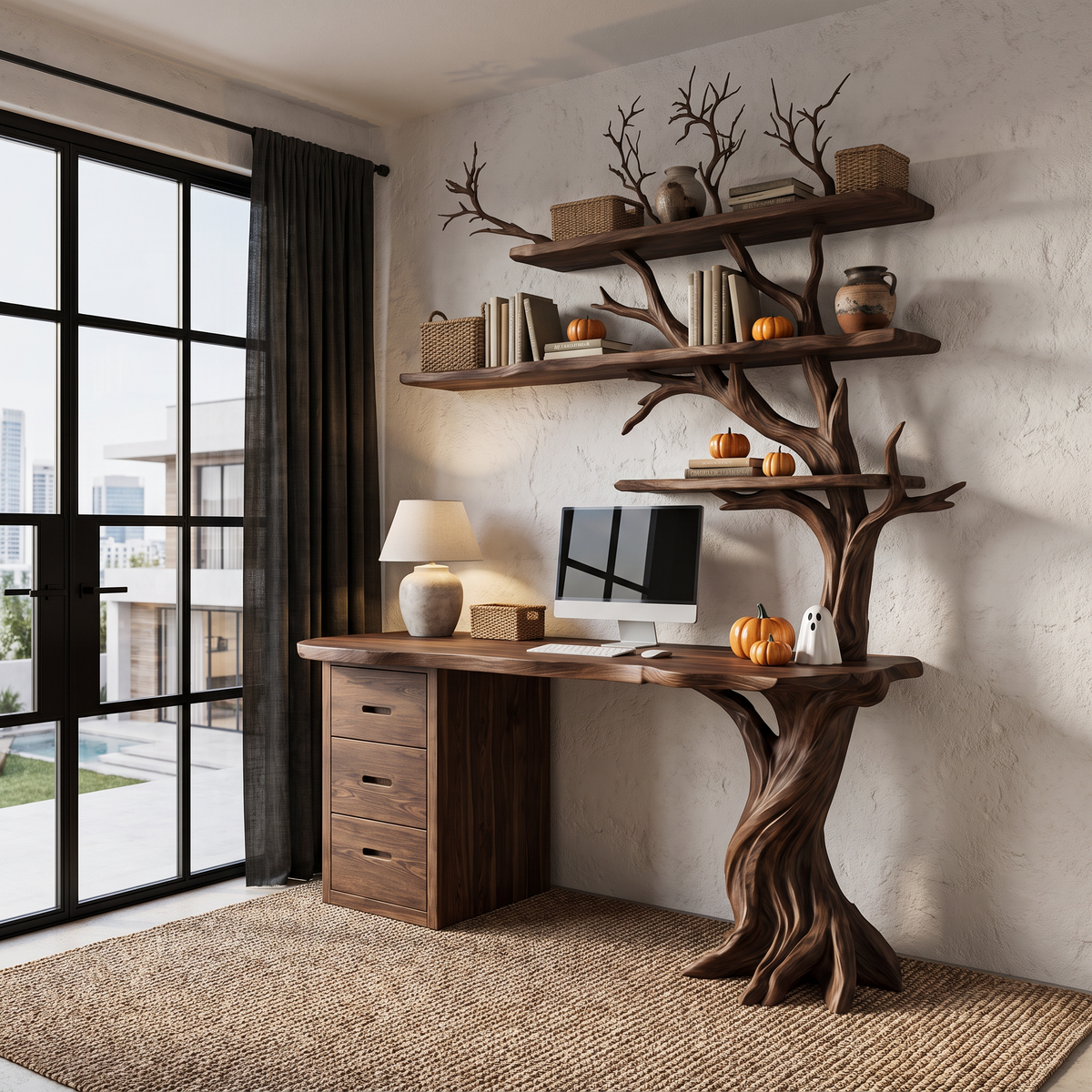 Contemporary Halloween Writing Desk With Haunted Tree Silhouette For Bedroom