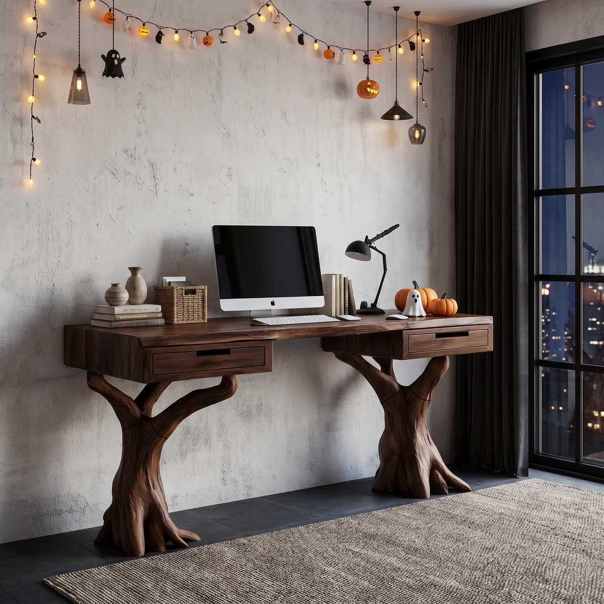 Contemporary Halloween Storage Desk With Pumpkin Display Shelves For Home Office