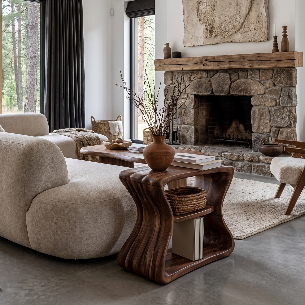 Contemporary Beside Table With Flowing Curved Frame For Living Room
