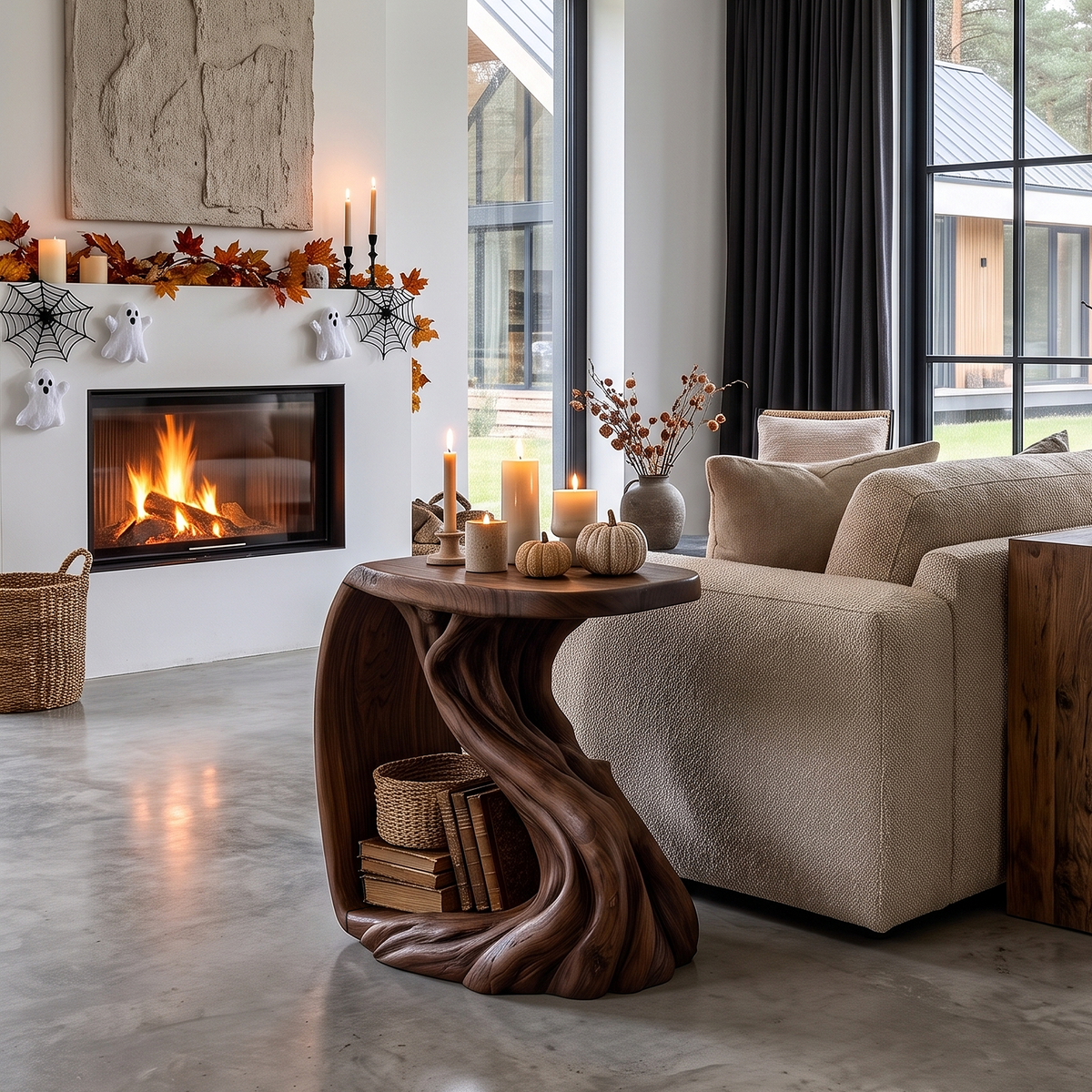 Rustic Beside Table With Halloween Inspired Twisted Base For Living Room