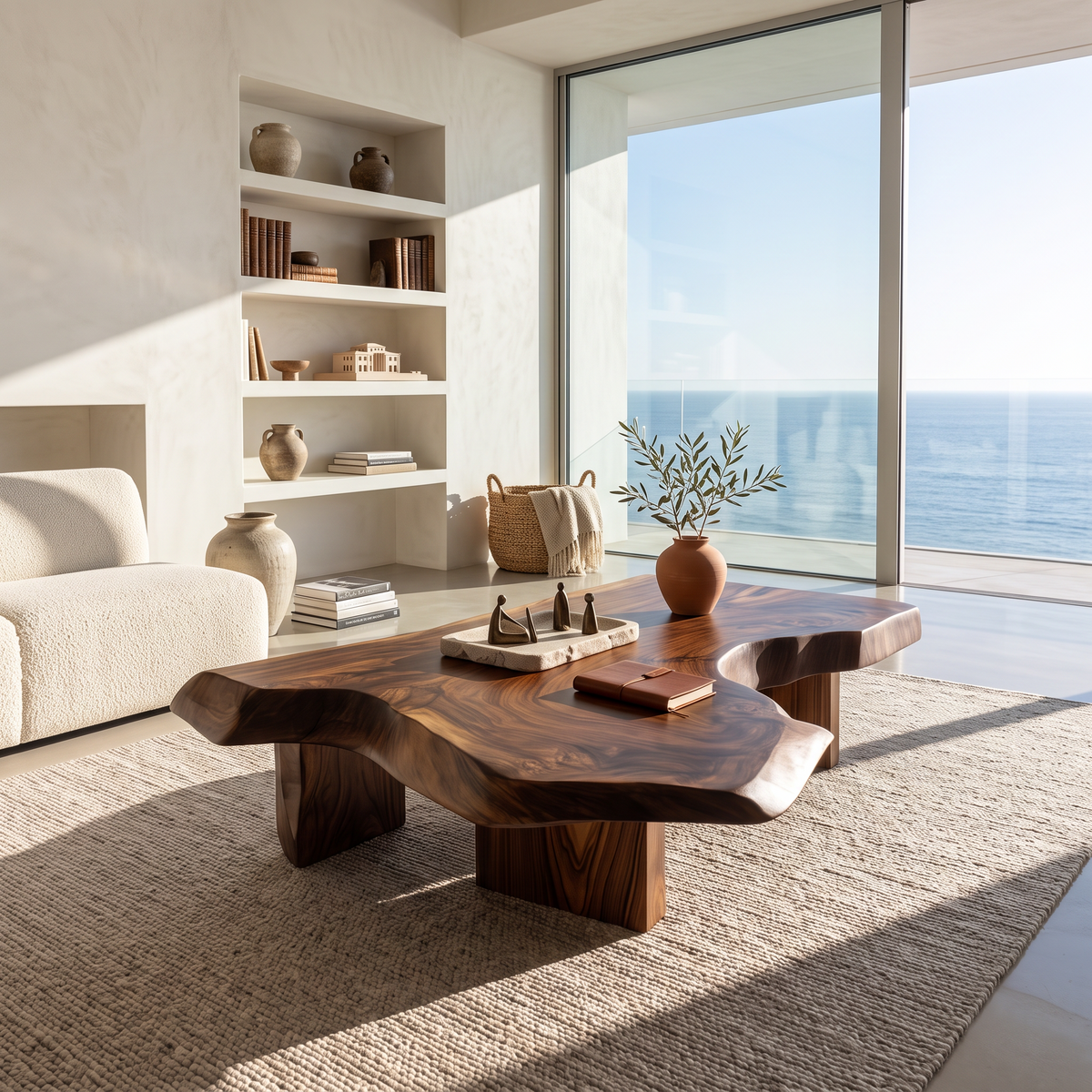 Modern Solid Wood Coffee Table With Sculptural Slab Top For Living Room
