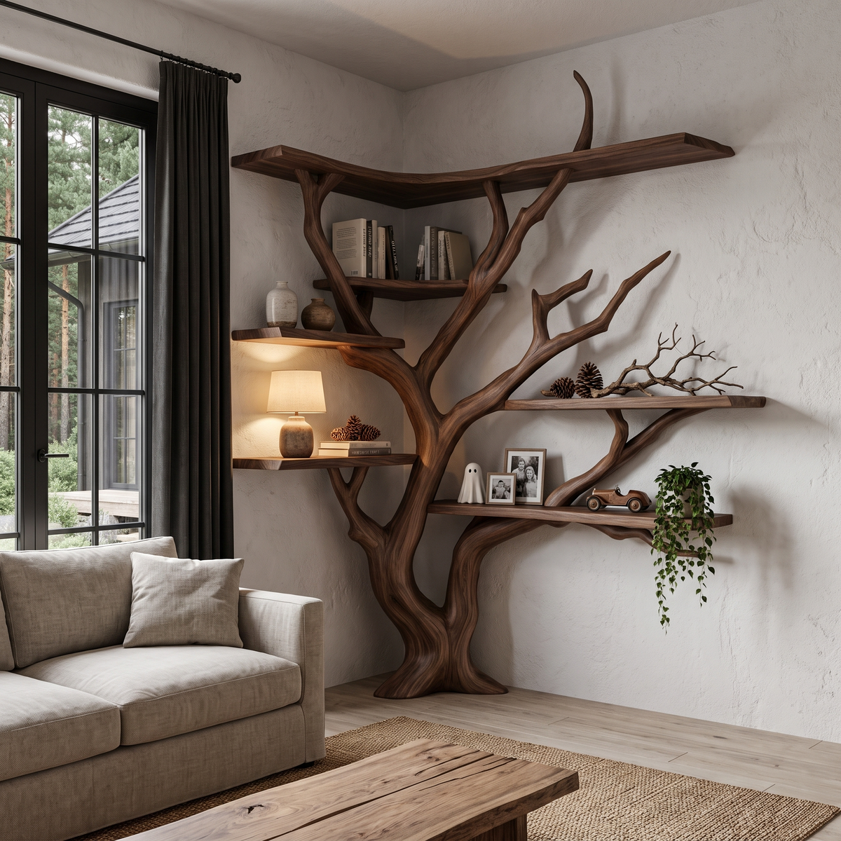 Modern Corner Tree Bookshelf With Asymmetrical Shelves For Living Room