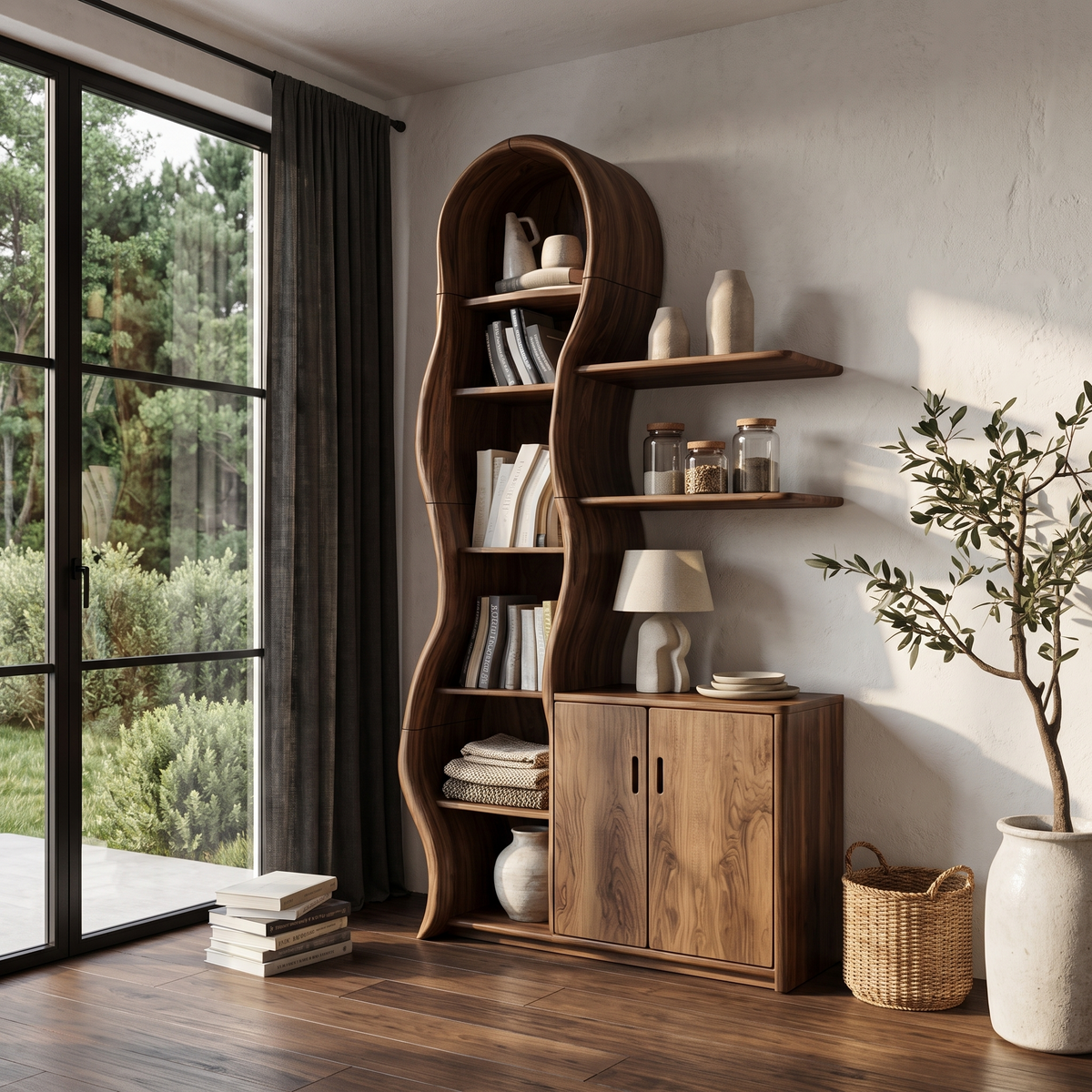 Contemporary Wooden Display Cabinet With Sculptural Branch Frame For Living Room