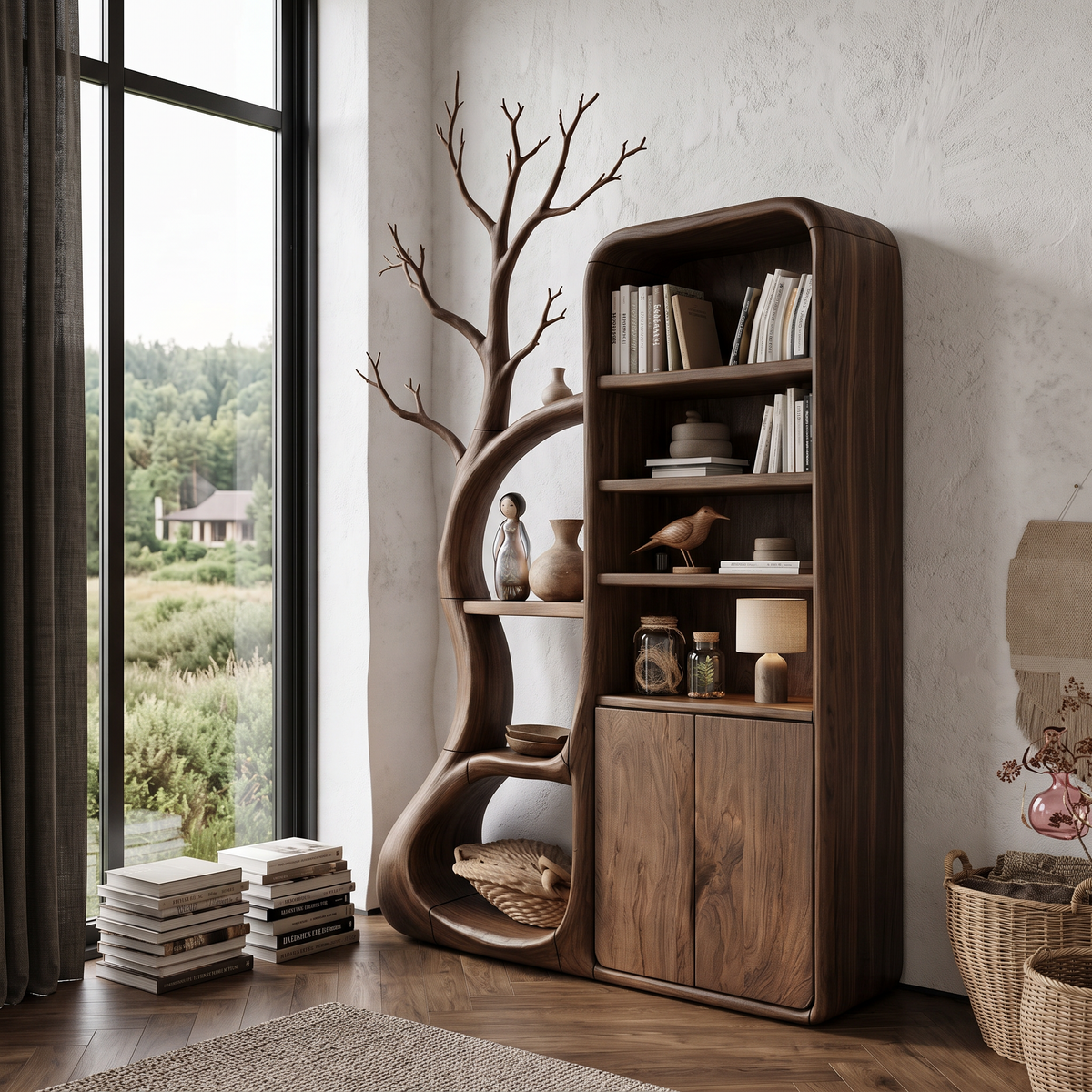 Rustic Tree Cabinet With Branch Inspired Shelving For Reading Room