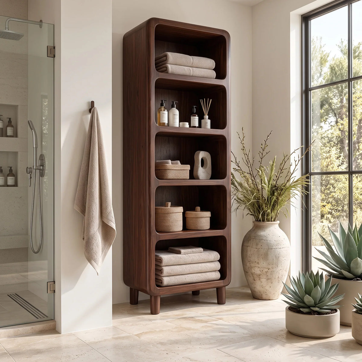Modern Tall Bathroom Cabinet With Open Towel Shelves For Bathroom