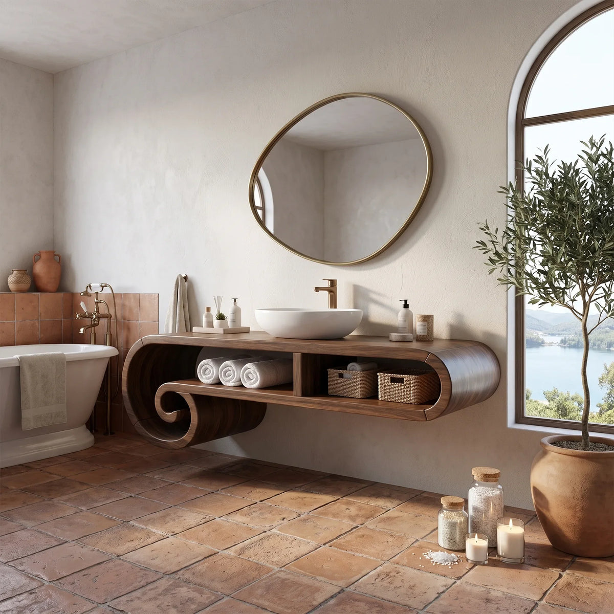Serene Floating Bathroom Vanity Floating Bathroom Vanity With Sink Modern Bathroom Vanity Curved Open Storage For Spa Ba
