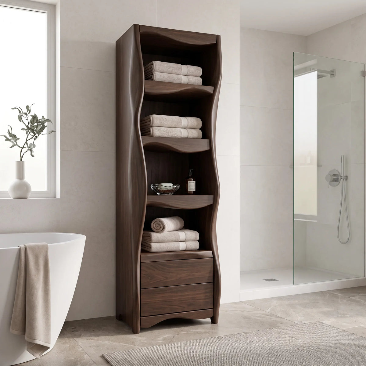 Organic Wavy Bathroom Cabinet With Open Shelves For Bathroom