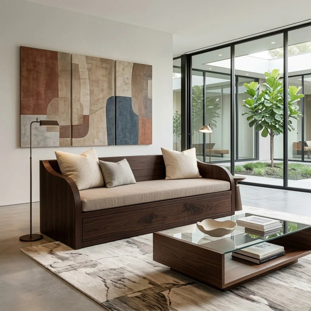 Contemporary Wooden Sofa With Long Drawer For Living Room