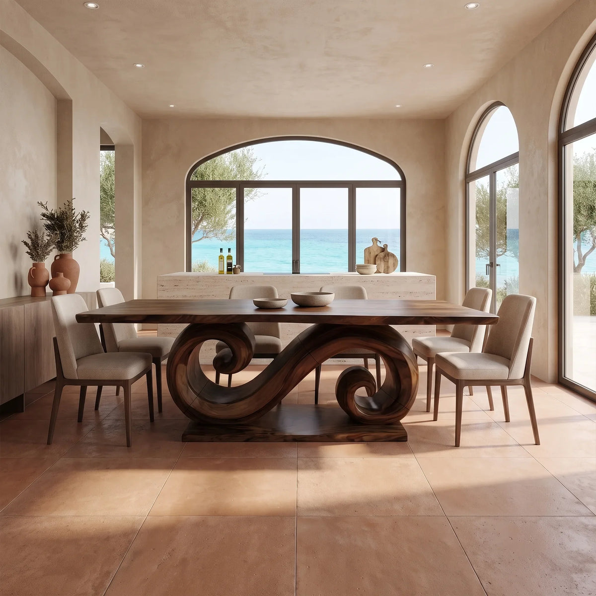 Graceful Dining Table Rectangle Modern Dining Table Double Scroll Base For Dining Room