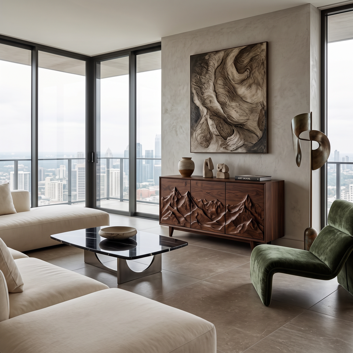 Modern Wood Sideboard With Mountain Relief For Home Interior