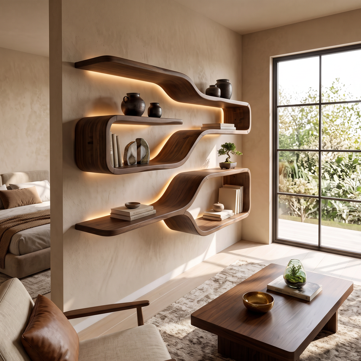 Mid Century Live Edge Wood Shelves For Dining Room