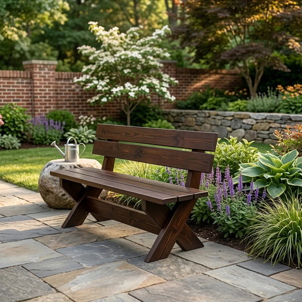 Modern Wooden Bench With X-shaped Legs For Garden