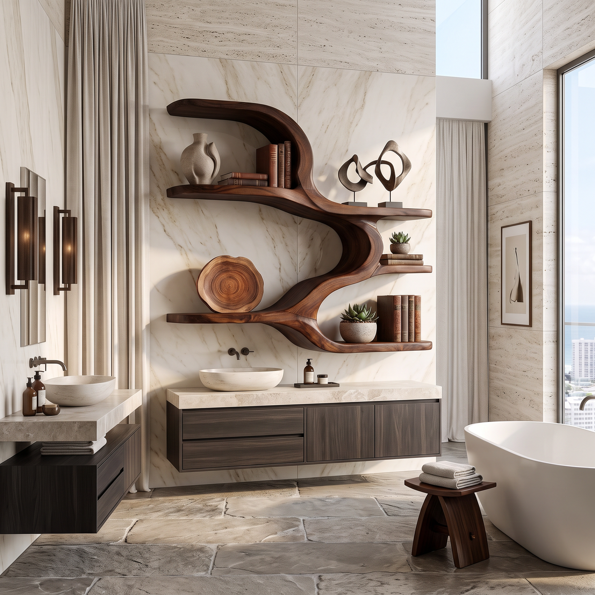 Organic Sculptural Wooden Wall Shelves For Dining Room