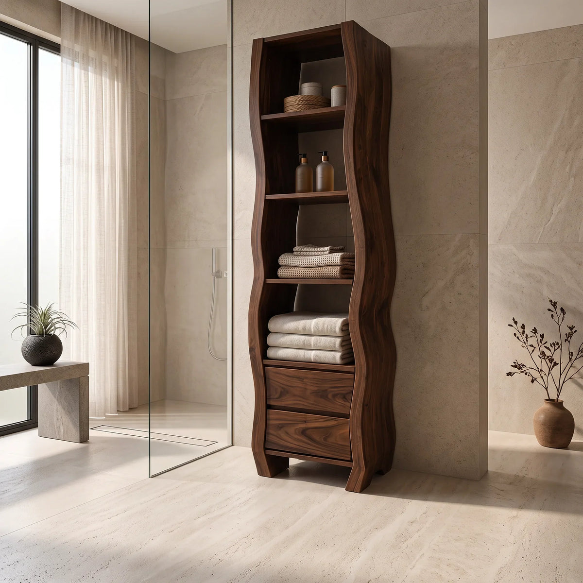 Sculptural Bathroom Cabinet With Open Shelves And Drawers For Bathroom
