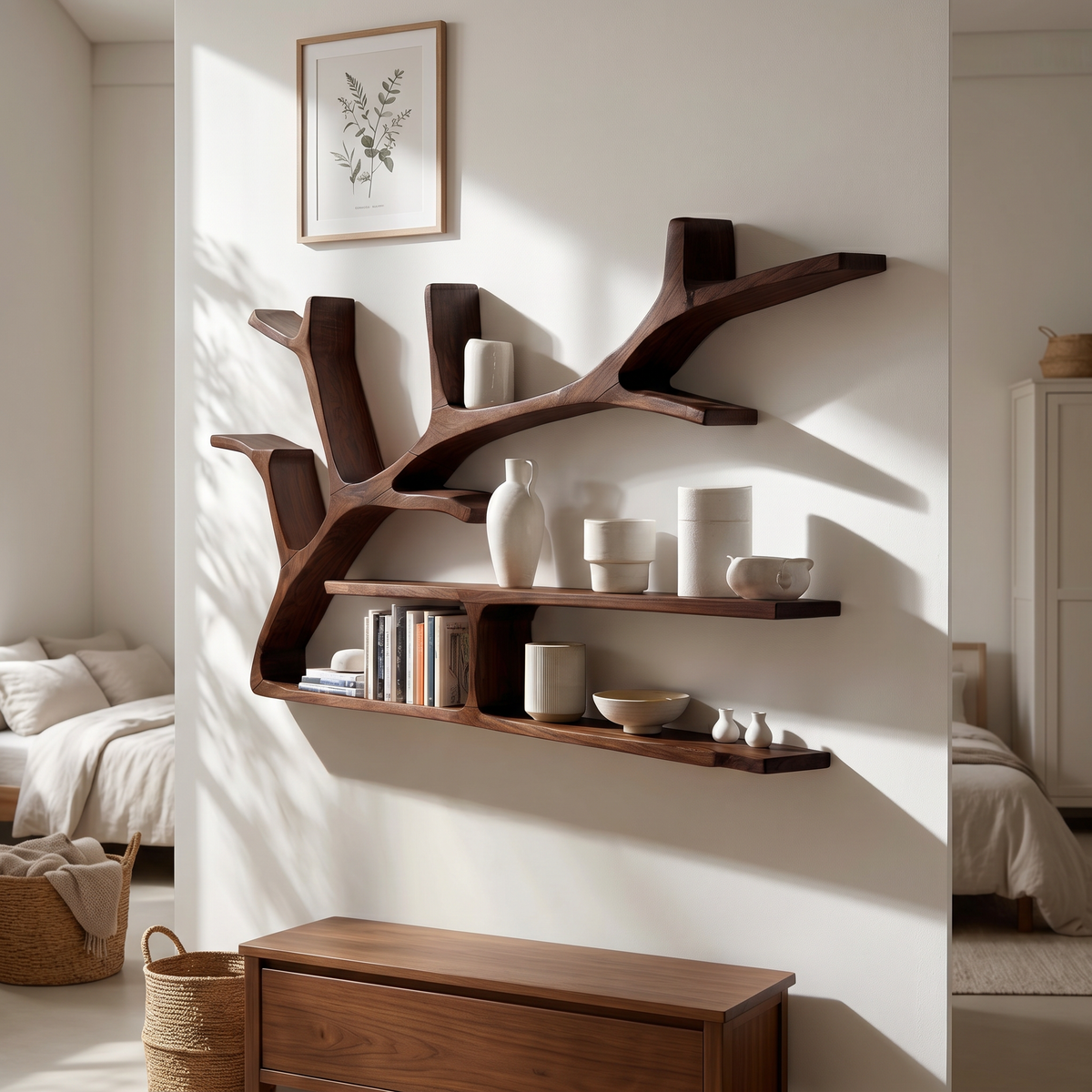 Rustic Tree Branch Floating Shelves For Living Room