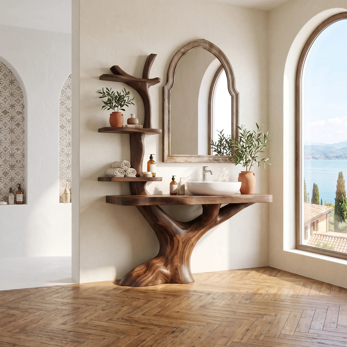 Natural Bathroom Vanity With Sink Wooden Bathroom Vanity Modern Bathroom Vanity Integrated Vertical Shelves For Primary 