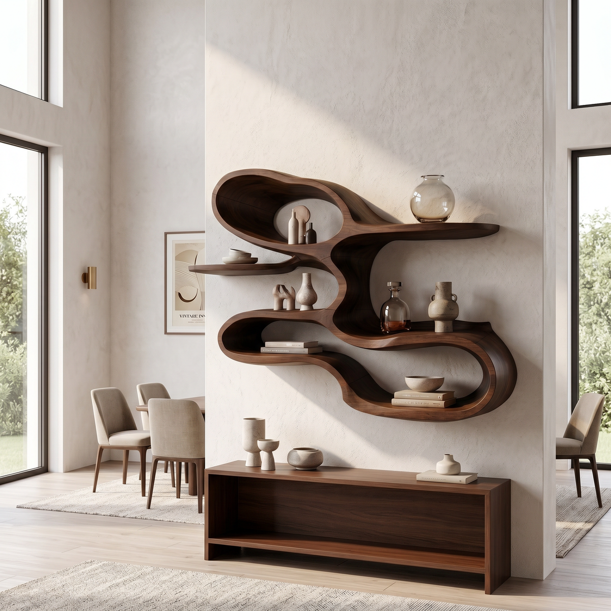 Modern Sculptural Wooden Wall Shelves For Coffee Bar