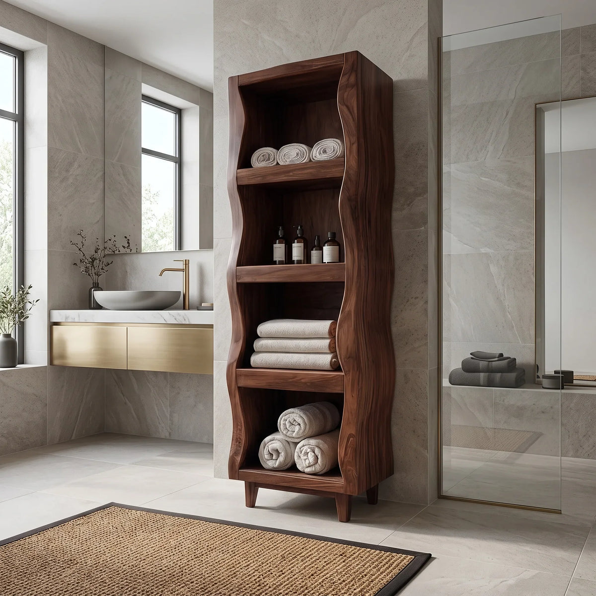 Sculptural Wavy Bathroom Cabinet With Open Shelves For Bathroom