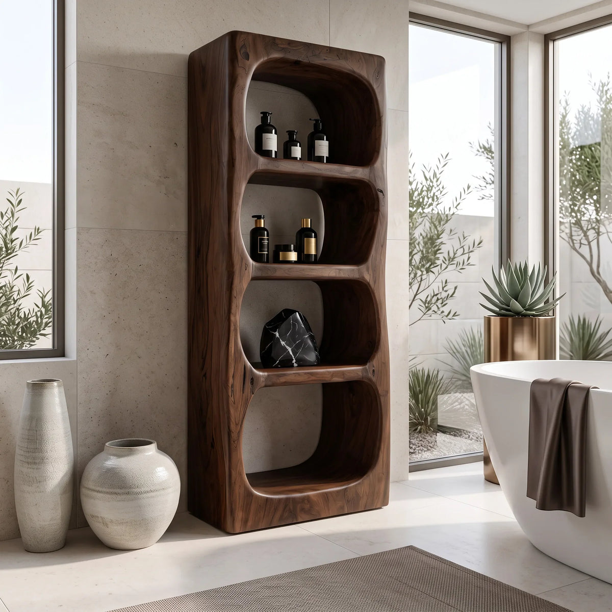Organic Bathroom Cabinet With Rounded Open Storage Shelves For Bathroom