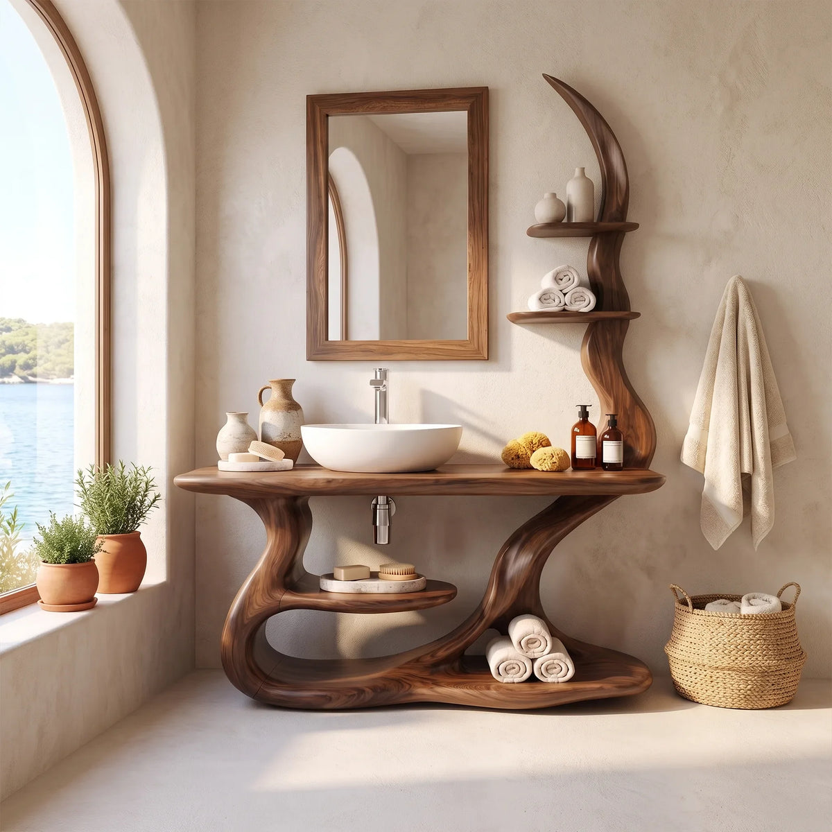 Serene Bathroom Vanity Bathroom Vanity With Sink Modern Bathroom Vanity Curved Open Shelves For Spa Bathroom