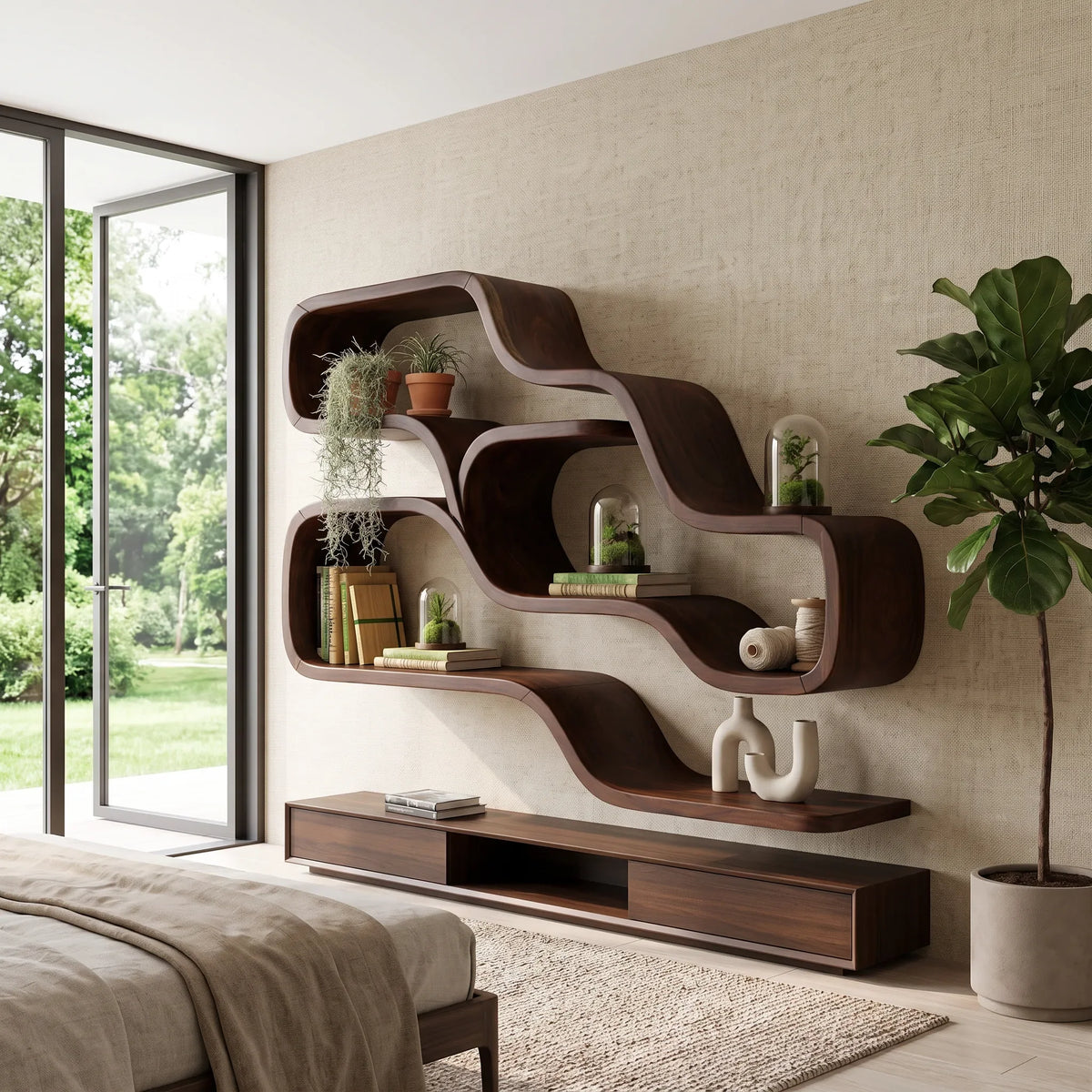 Farmhouse Organic Wood Shelves For Reading Nook