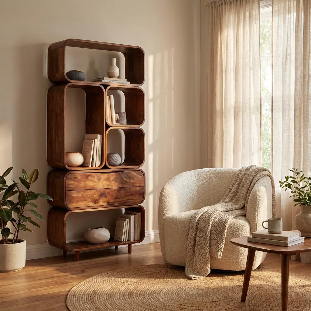 Mid Century Bookshelf With Rounded Compartments For Living Room
