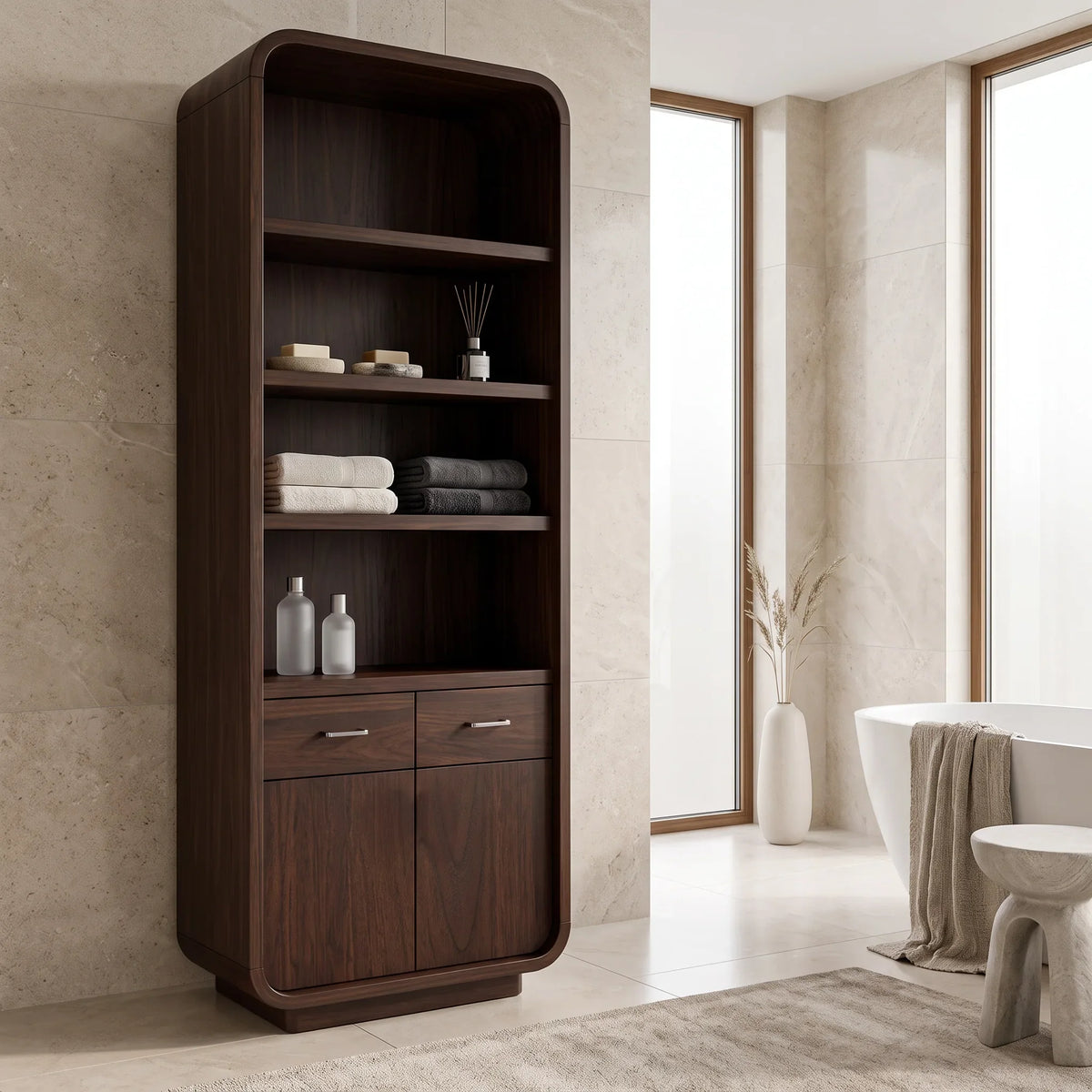 Contemporary Tall Bathroom Cabinet With Open Shelves For Bathroom