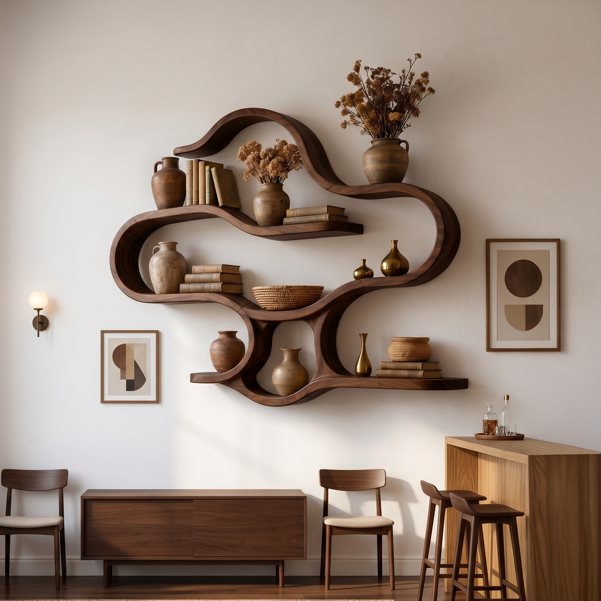 Boho Wooden Wall Mounted Display Shelves For Living Room