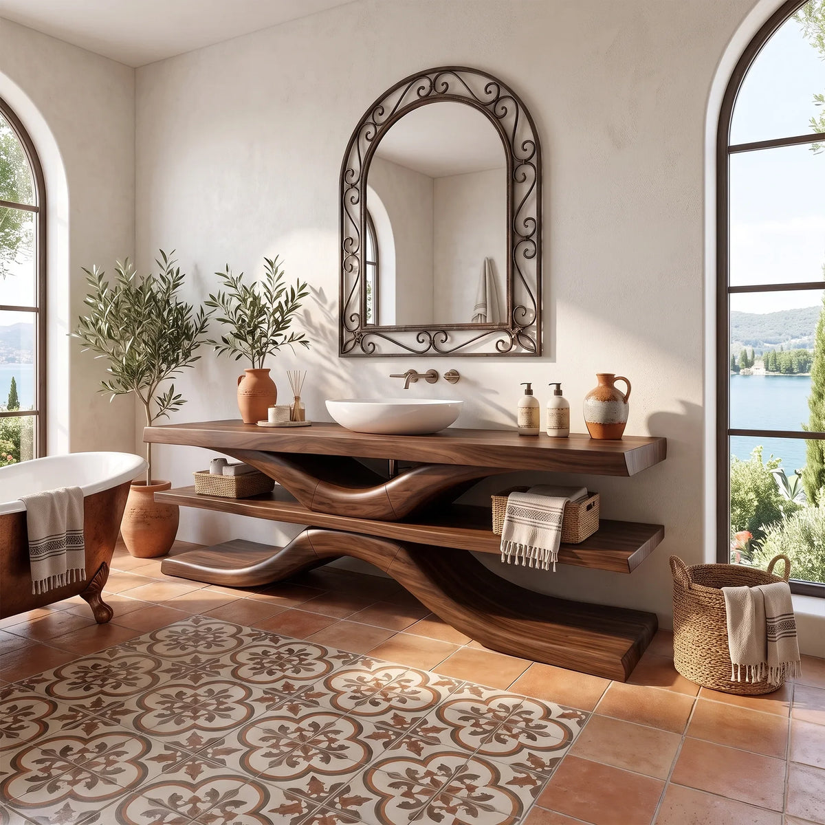 Sculptural Bathroom Vanity With Sink Modern Bathroom Vanity Wooden Bathroom Vanity Layered Open Shelves For Spa Bathroom