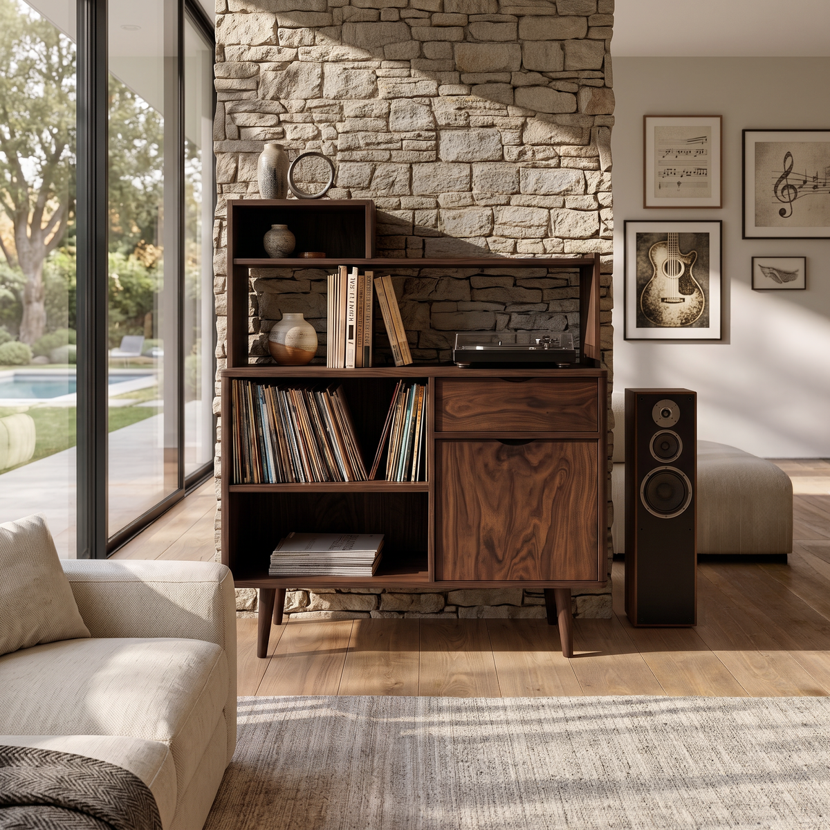 Modern Vinyl Record Cabinet With Drawers For Living