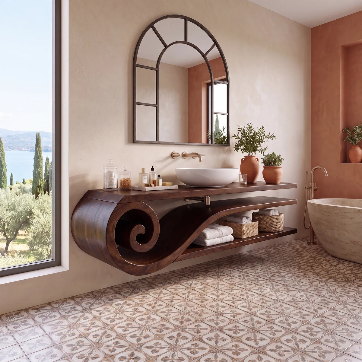 Calm Floating Bathroom Vanity Floating Bathroom Vanity With Sink Modern Bathroom Vanity Curved Open Shelves For Primary 