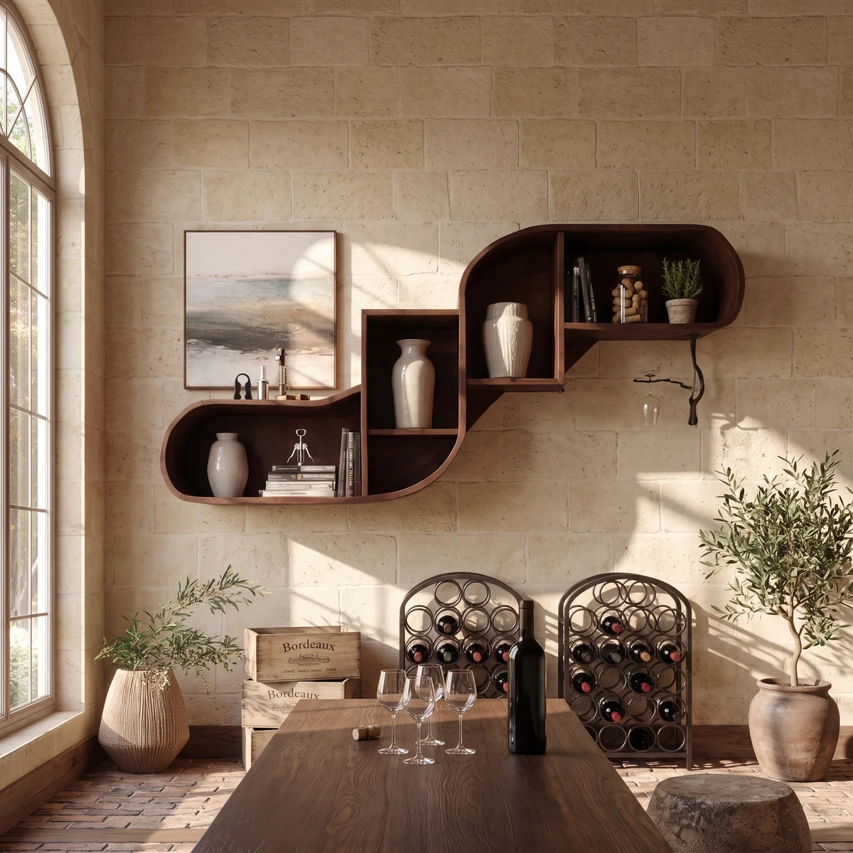 Mid Century Curved Wood Shelves For Home Bar