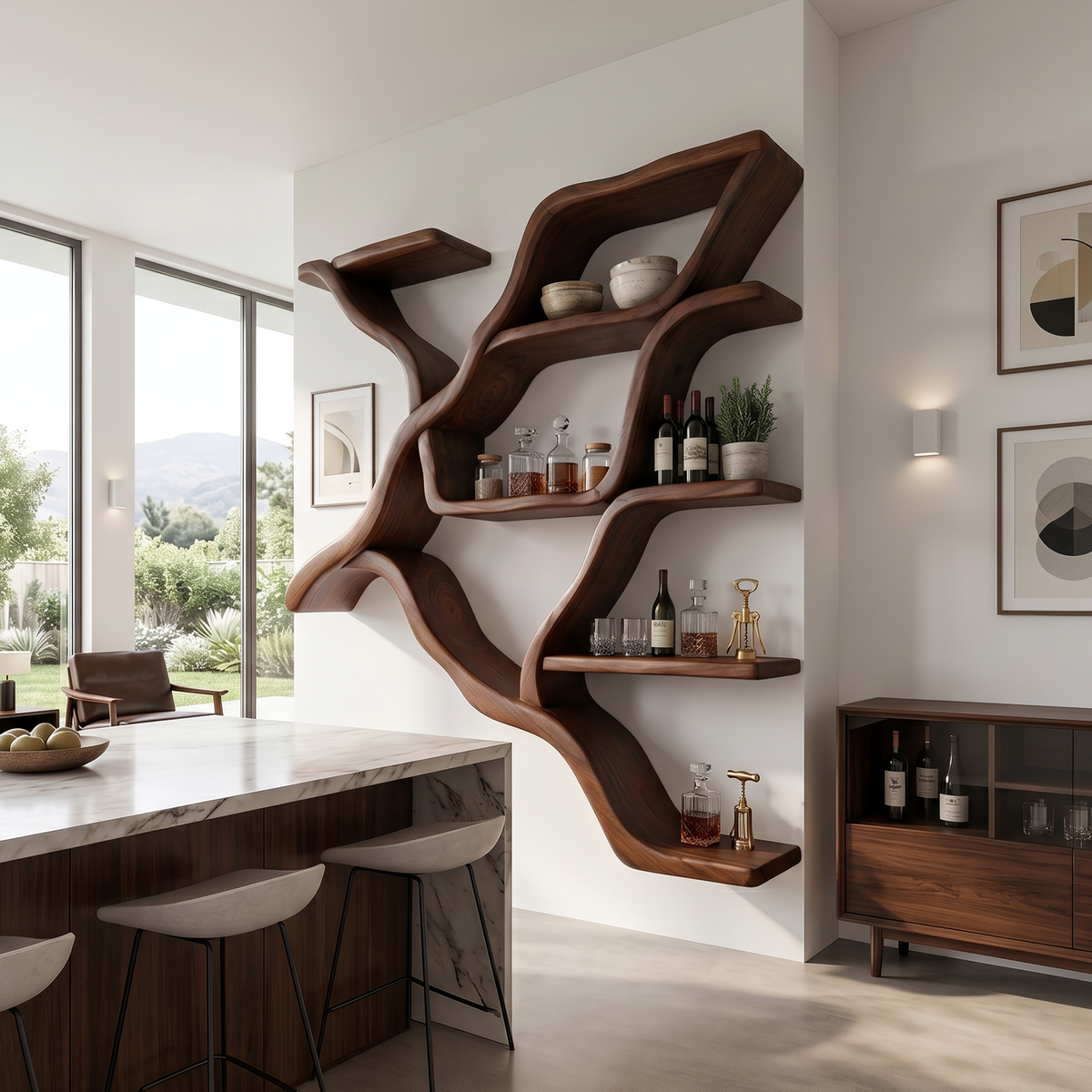 Organic Tree Branch Wall Mounted Shelves For Kitchen