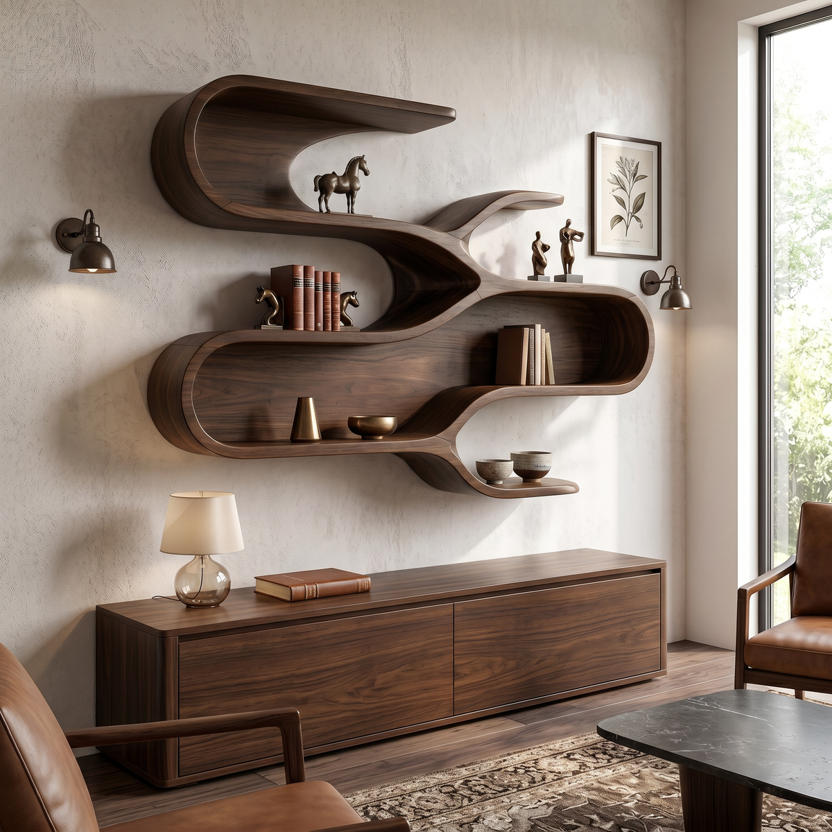 Modern Sculptural Floating Shelves For Living Room