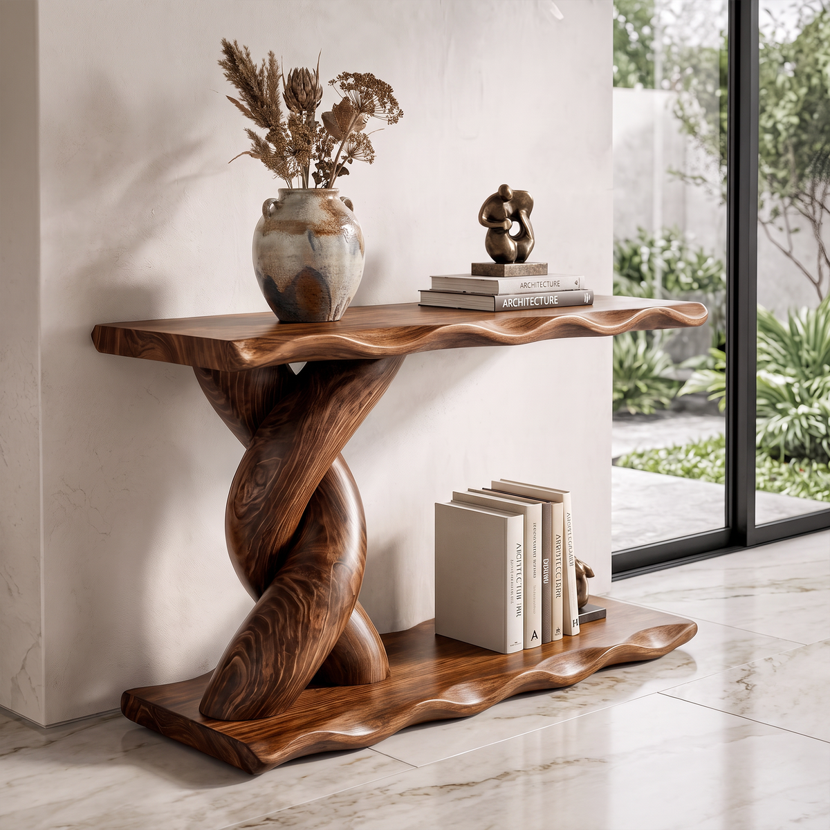 Contemporary Console Table With Spiral Base And Lower Display Shelf For Living Room