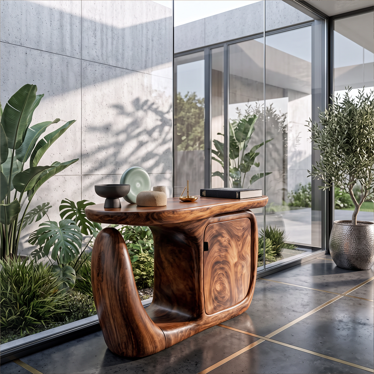 Contemporary Console Table With Sculptural Base And Storage For Entryway