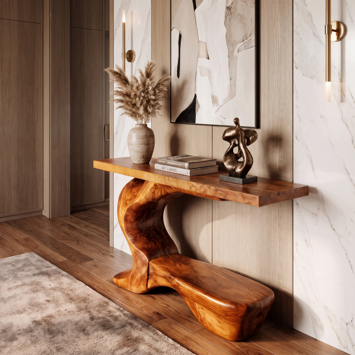 Rustic Sculptural Console Table With Curved Base For Entryway