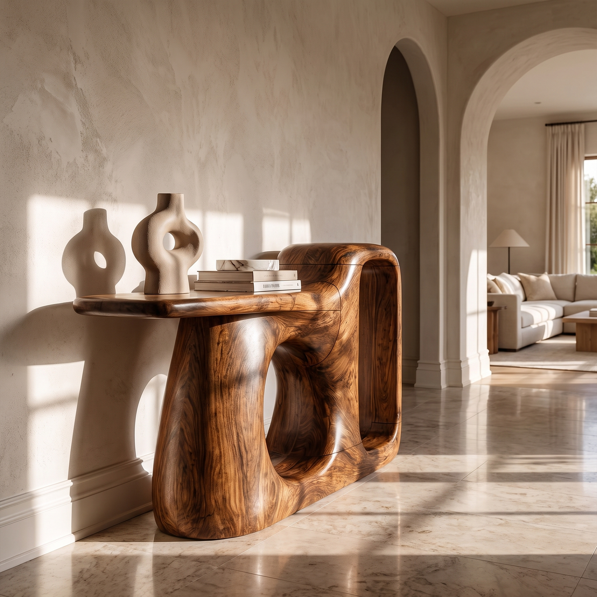 Organic Console Table With Sculptural Open Frame For Entryway