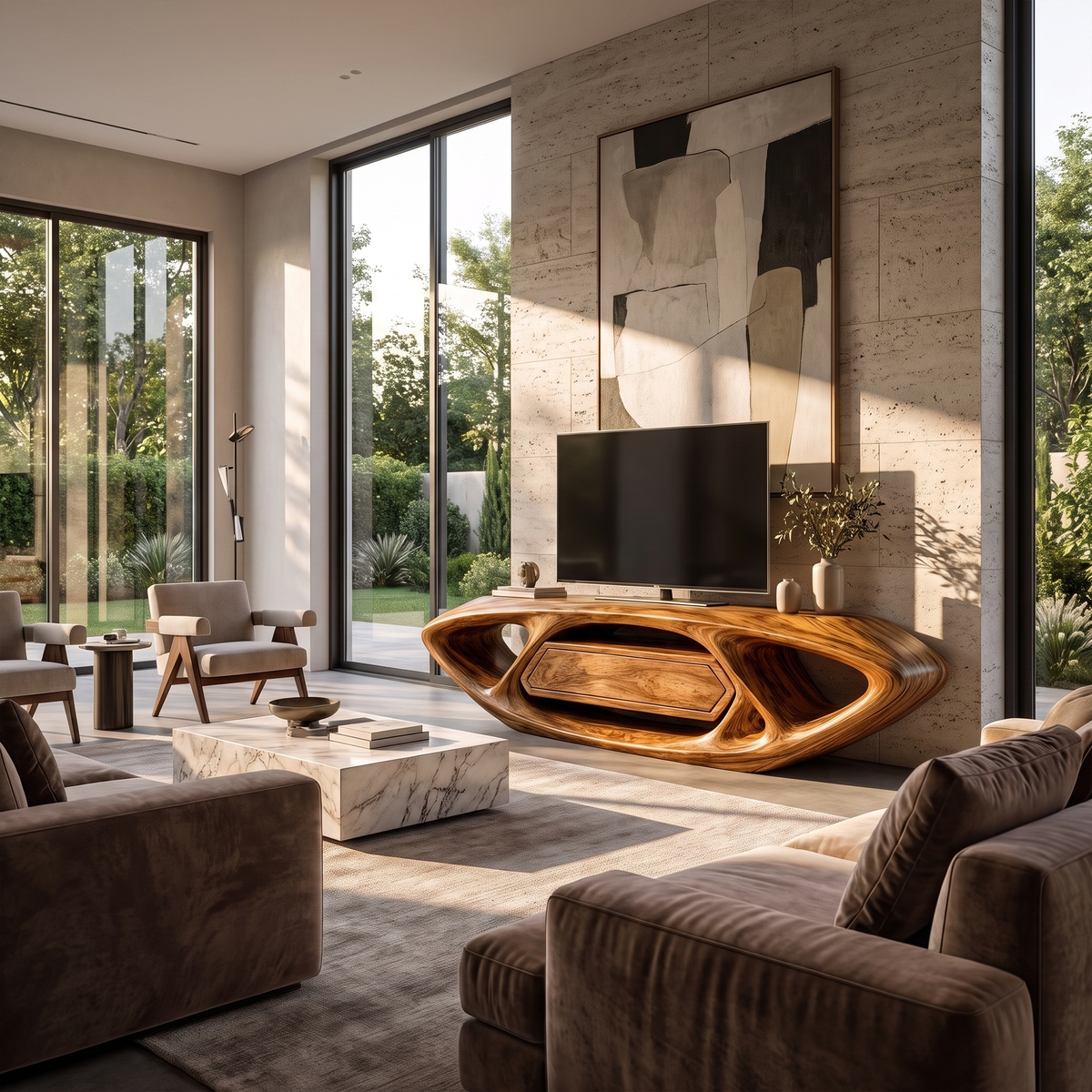 Contemporary TV Cabinet With Sculptural Oval Frame And Open Storage For Living Room