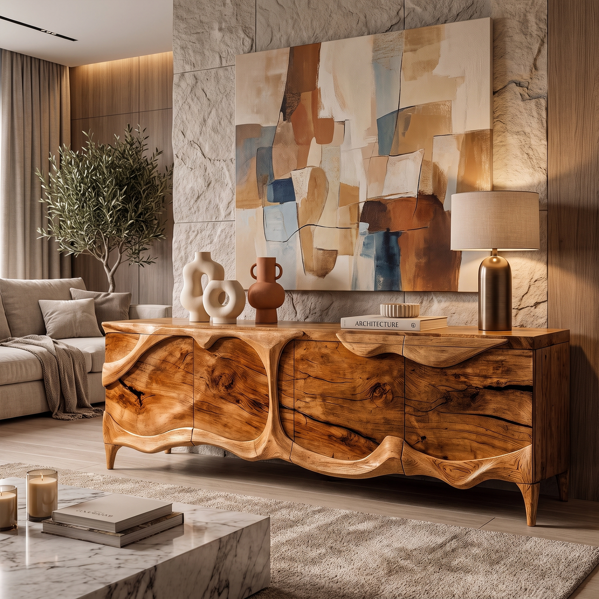 Rustic Sideboard With Sculptural Front Design For Living Room