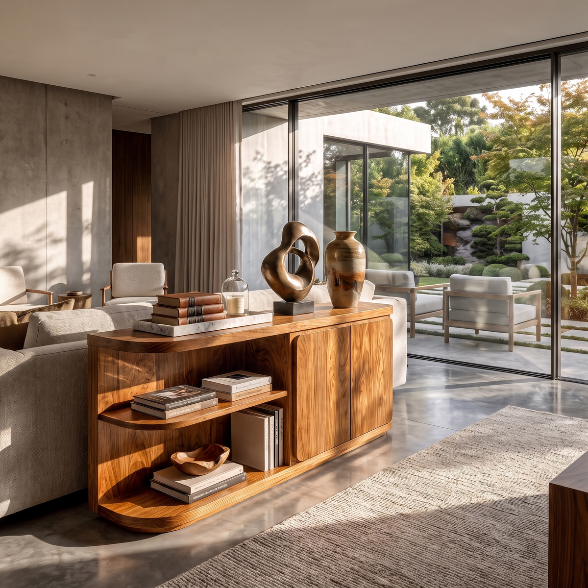 Modern Sideboard With Rounded Frame And Open Storage For Living Room