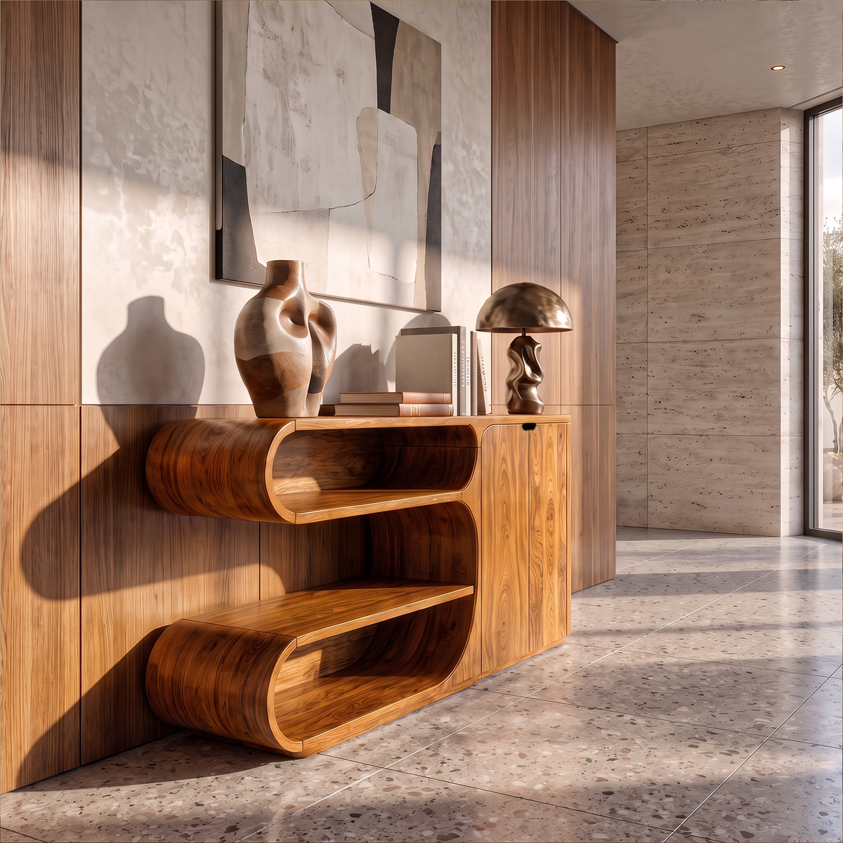 Modern Sideboard With Rounded Display Compartments For Living Room
